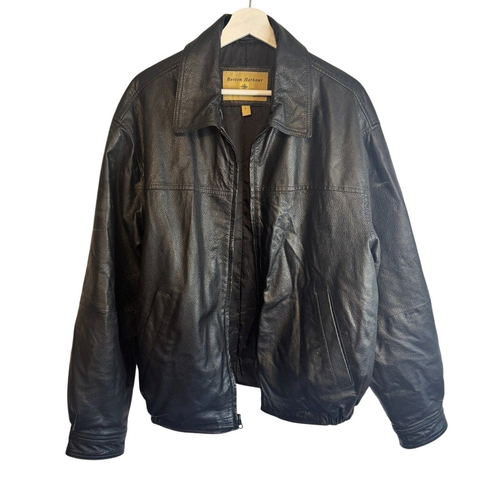 Boston Harbour Bomber Jacket Genuine Leather L Black Mens Vintage Coat